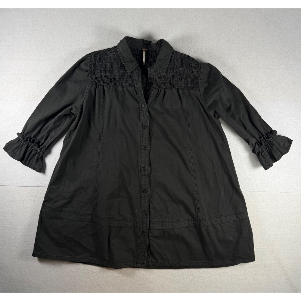 Free People Smocked Yoke Button Down Tunic Top Black Cotton Ruffle Sleeve Small